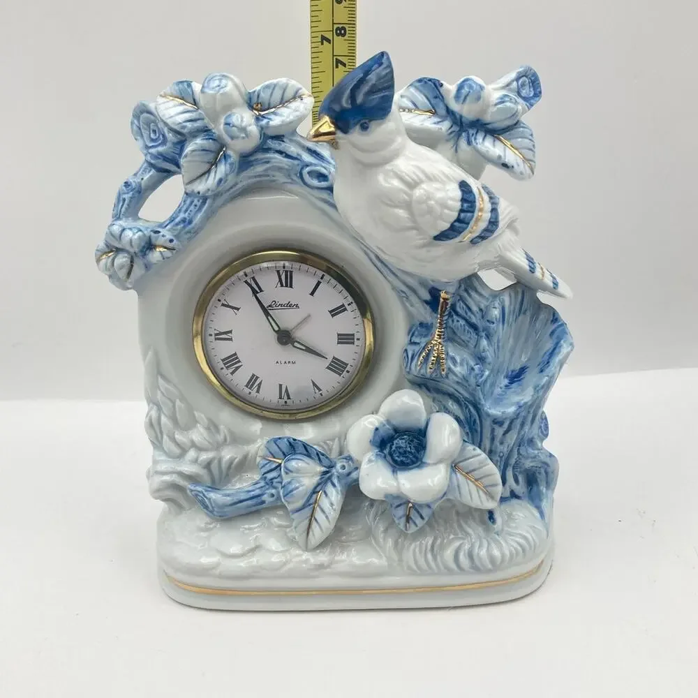 Vintage Linden Mechanical Mantle Alarm Clock Porcelain Blue Jay Gold Accents